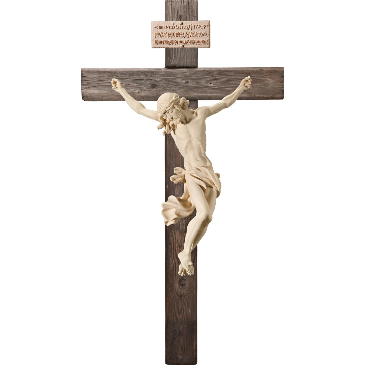 Cristo Barroco en cruz Madera vieja con Titulus Crucis en hebreo - latín - griego